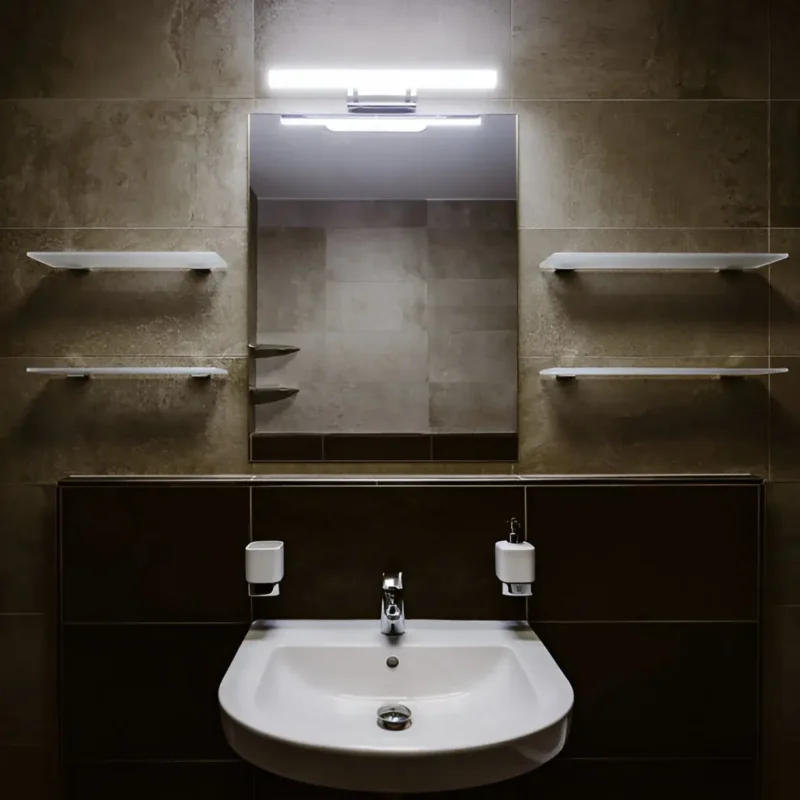 Modern bathroom sink with mirror and shelves.