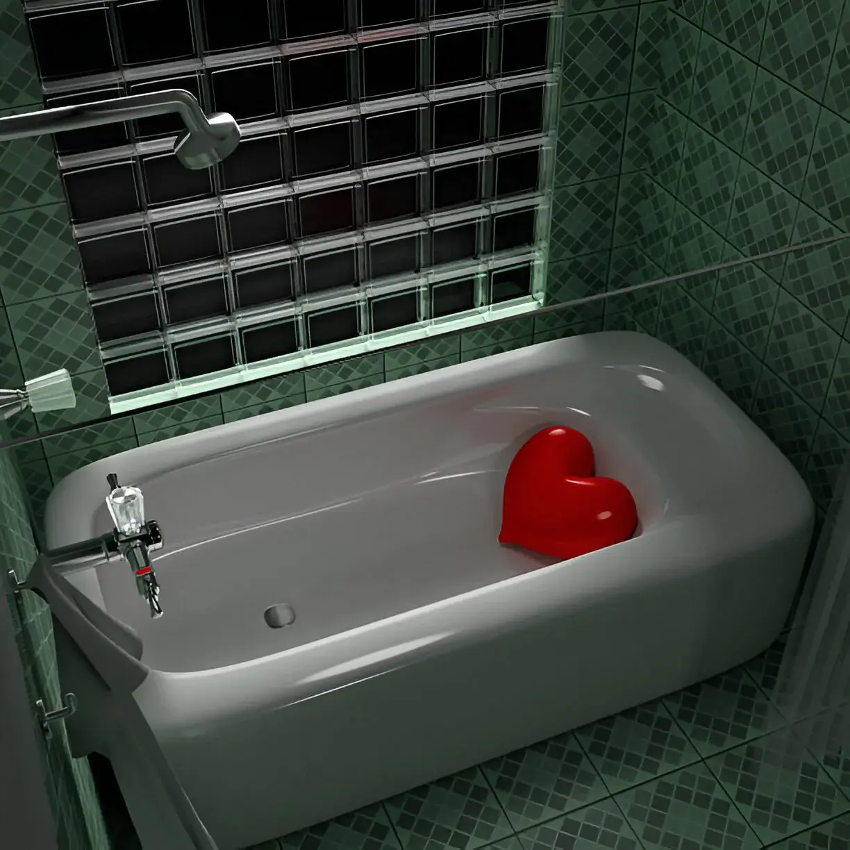 Modern bathtub with red heart decoration inside