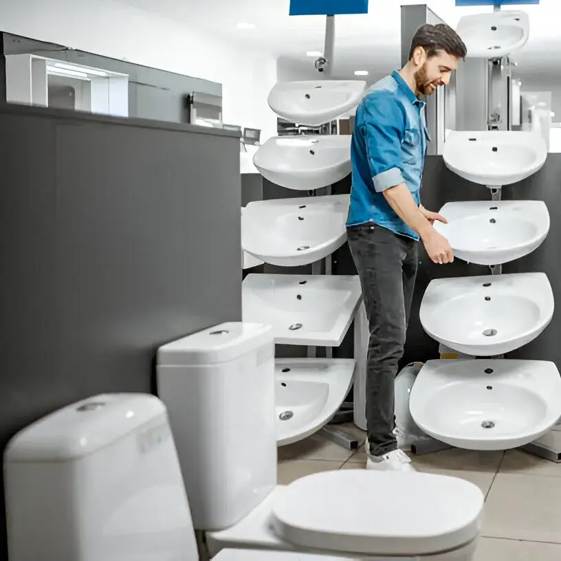 Customer inspecting ceramic sinks in a sanitary ware showroom