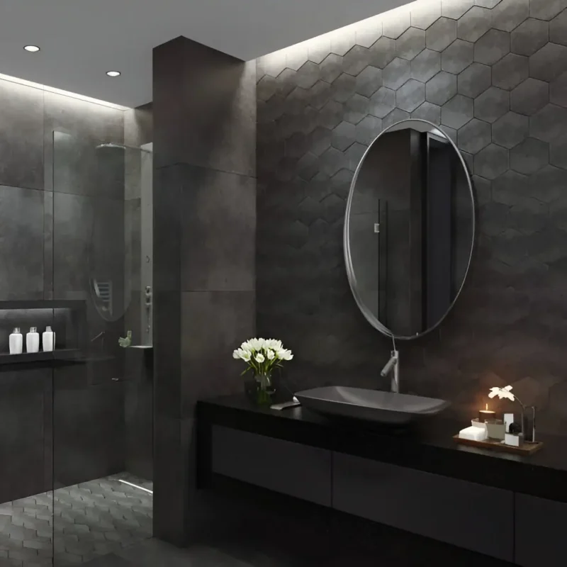 Modern freestanding bathtub in a stylish, cozy bathroom.