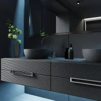 Dark-toned modern bathroom vanity with vessel sinks and accent lighting