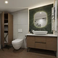 Compact modern bathroom with wall-mounted toilet, vanity, and backlit mirror