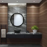 Modern bathroom vanity with round mirror, stone backsplash, and wood-paneled walls