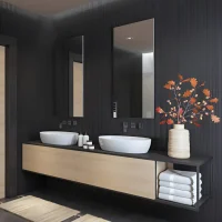 Modern floating bathroom vanity with dual vessel sinks and decorative vase