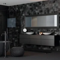 Dark-themed bathroom with floating vanity and textured wall